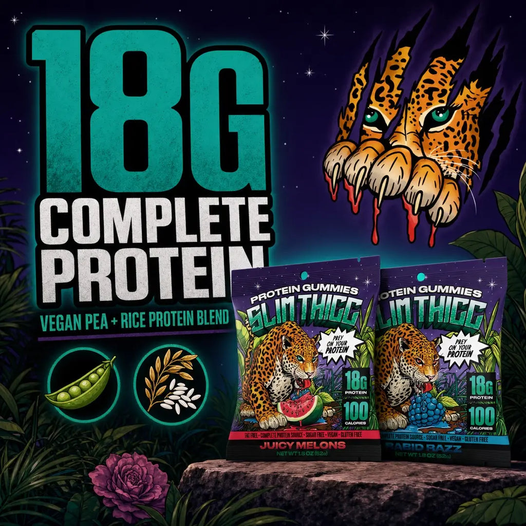 Slimthicc Protein Gummies 18G Complete Protein 100 Calories Zero Sugar Vegan Gluten-Free High-Protein Snack Great Protein Snacks Healthy Protein Snack