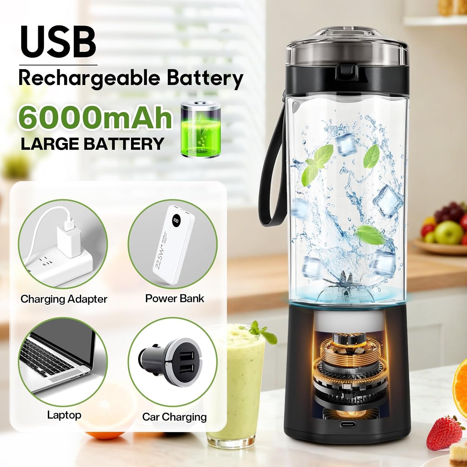Upgrade 700 ML Portable Smoothie Blender, Rechargeable Blende -Black