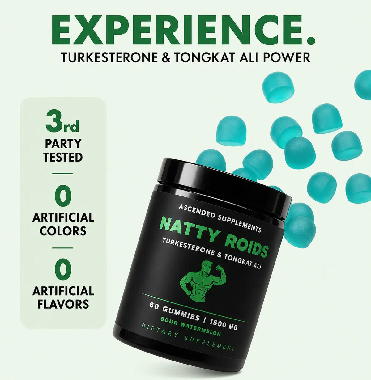 Natty Roids - Turkesterone & Tongkat Ali Increase Size, Strength and Energy - 60 Sour Watermelon Flavored Gummies
