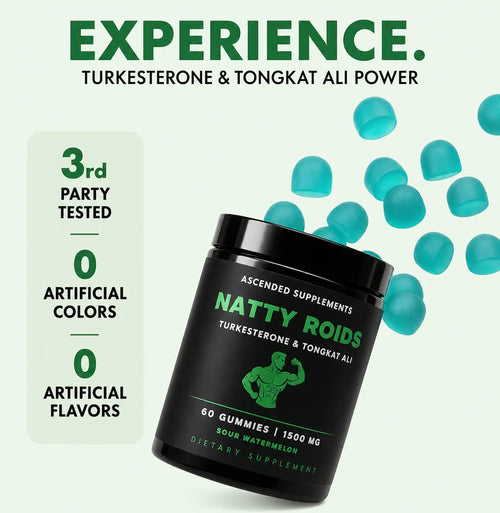 Natty Roids - Turkesterone & Tongkat Ali Increase Size, Strength and Energy - 60 Sour Watermelon Flavored Gummies
