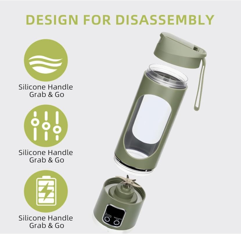 Portable Blender, 12-Blade Cordless Smoothie Maker, 15.2Oz with Ice Crush Power, USB-C Rechargeable, Leakproof, Bpa-Free, Self-Cleaning for Shakes, Protein, Juices, Frozen Fruit (Green, 7.4V)