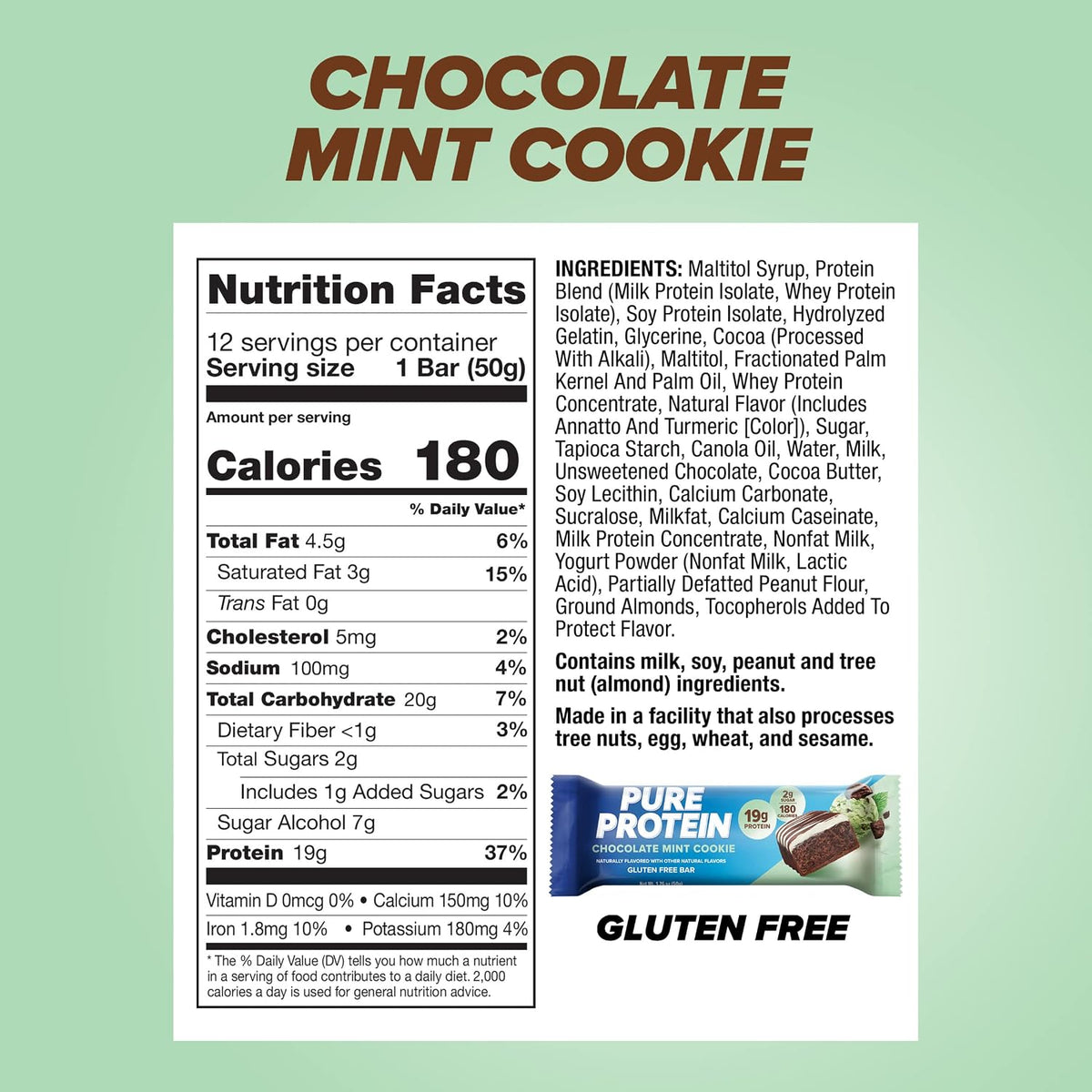 Pure Protein Chocolate Mint Cookie Protein Bars, 20G Protein, 12 Ct
